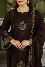 Brown Mul chanderi applique embroidered suit set in brown