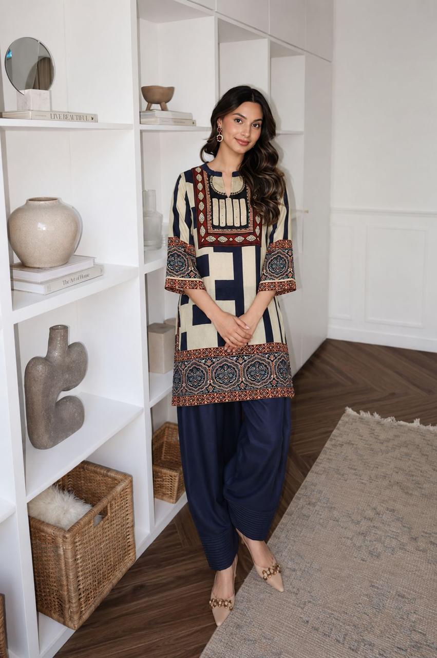 Pretty crepe ajrakh farshi kurta pant
