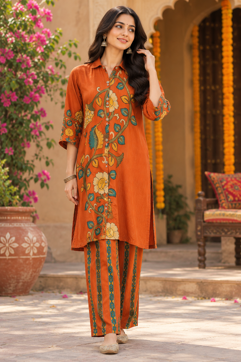 Premium crepe Kalamkari co ord in orange