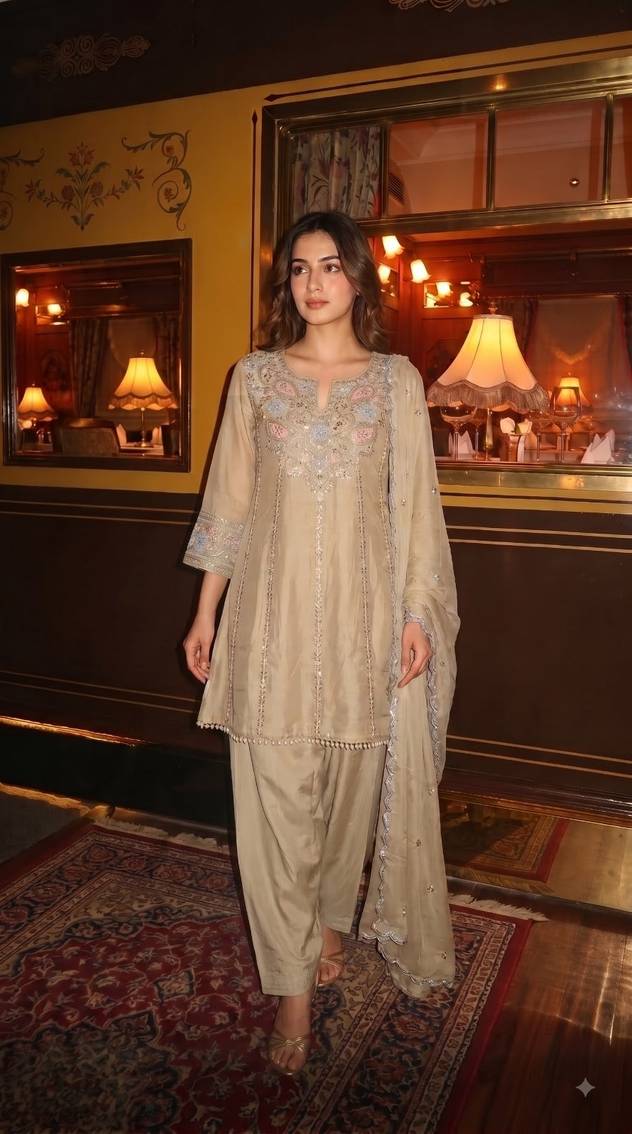 Heavily embellished pretty chinon handwork farshi salwar suit set in cream