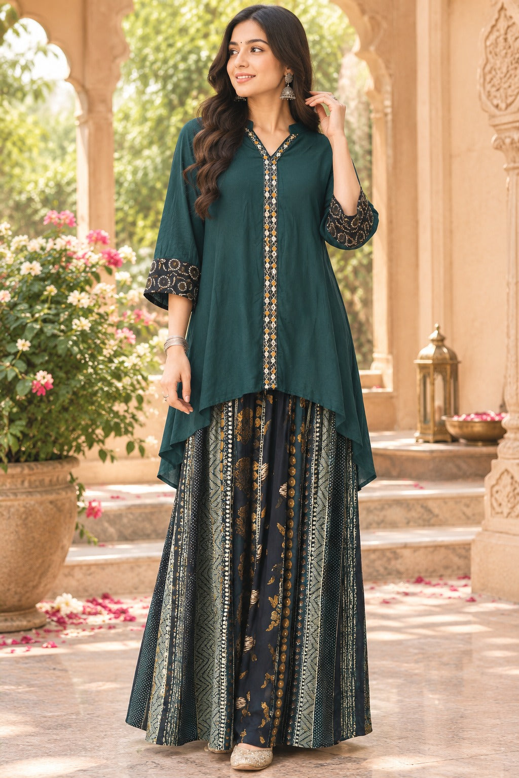 Pretty ajrakh crepe plazzo co ord in green