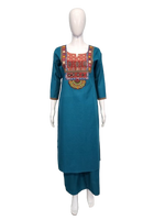 Premium cotton ajrakh detailing in blue kurta pant