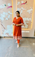 Pretty embroidery flex cotton kurta pant in rust