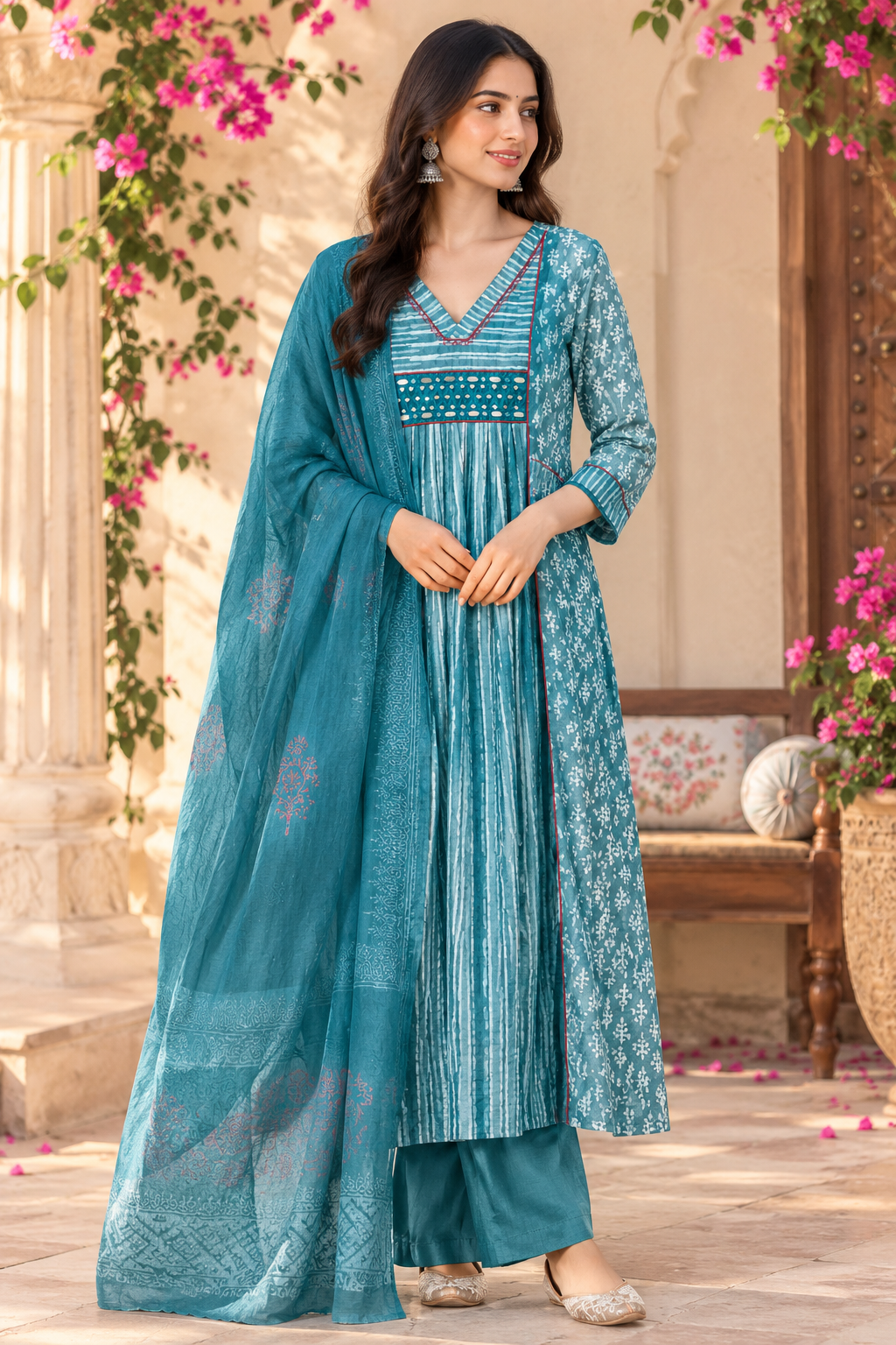 Pretty cotton real mirror block print dupatta set in rama