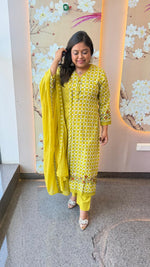 Gorgeous chequered full suit set with embroidery on sleeves and Daman in greenish yellow
