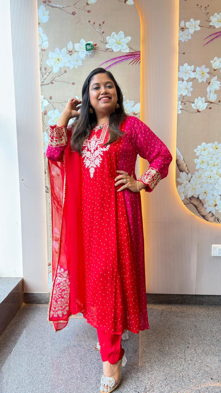 Super pretty premium chinon red n orange bandhani full suit set with gotta detailing