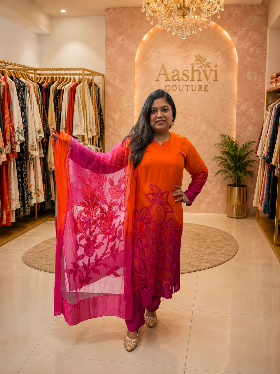 Mul silk lining suit set ombré with applique (slim fit) in orange n pink