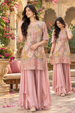 Premium chinon heavy hand embroidery necklace dupatta set with wide plazzo
