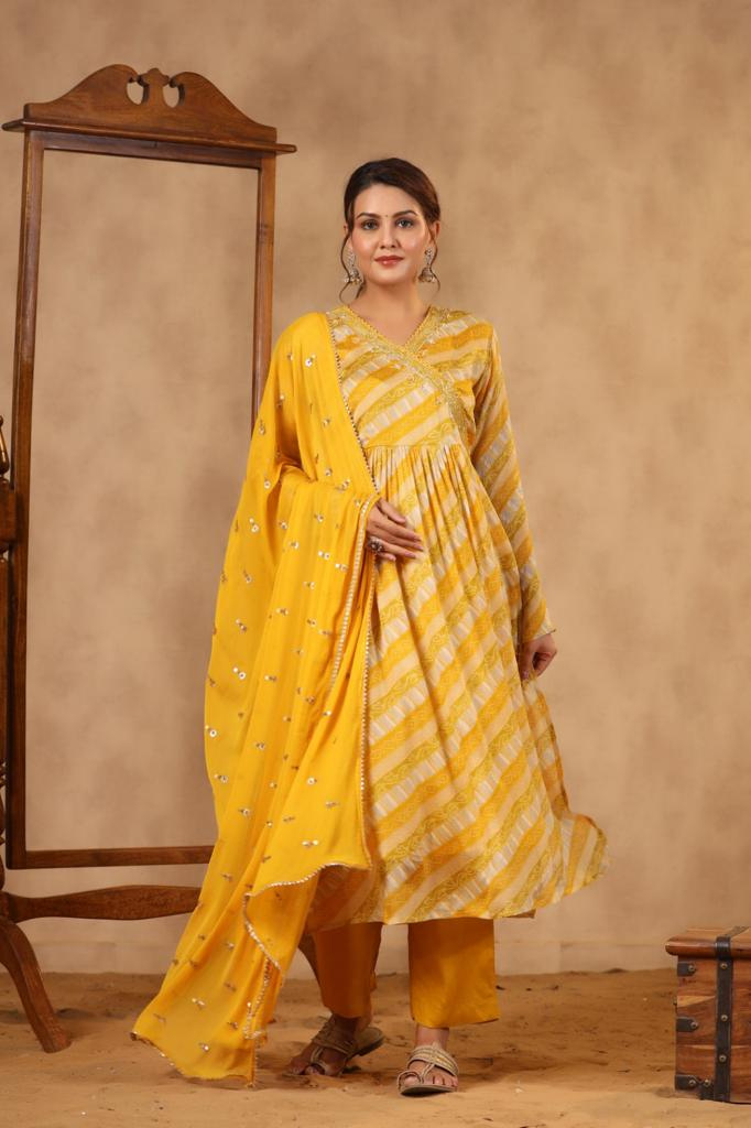 Pure Chinon Lehariya Alia Cut Suit Set in Yellow comes with Lining and with Beautiful Hand Work on the Yoke