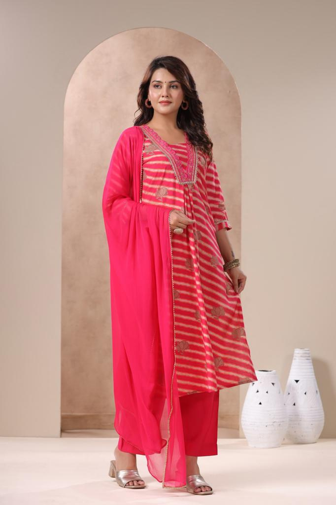 Trendy V Neck Suit in Pure Muslin with Shiffon Dupatta in Lehariya