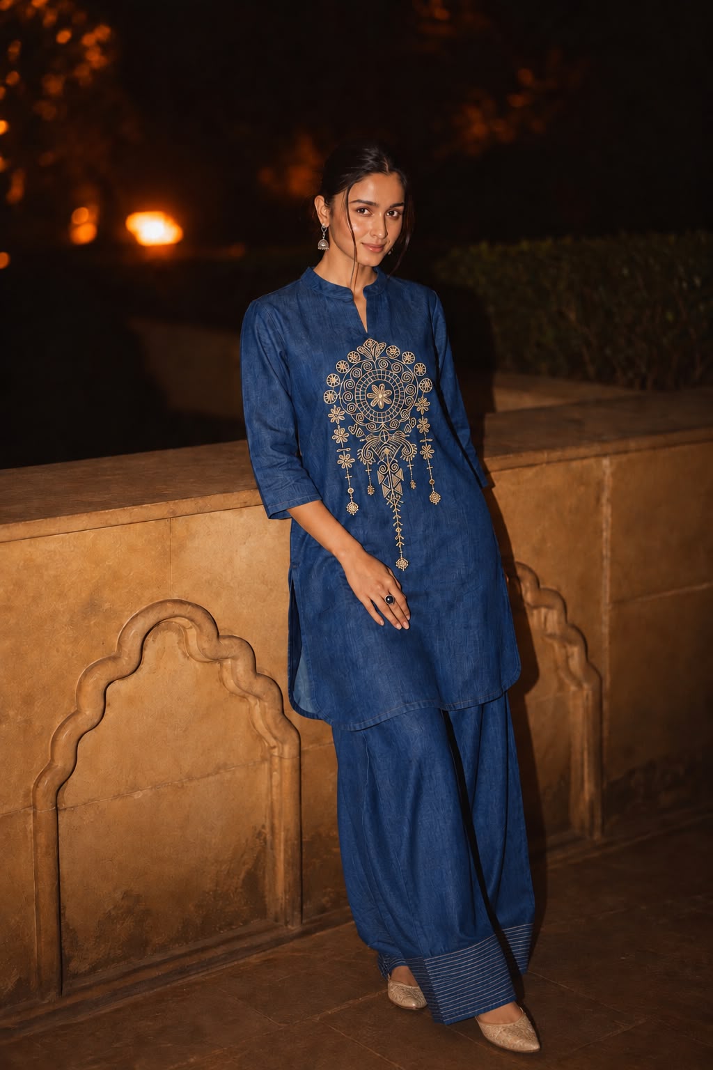 Soft denim with zari detailing and farshi co ord set in blue