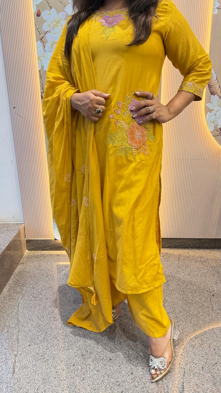 Wow cotton chanderi fully embroidered with pocket suit set in yellow