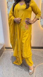 Wow cotton chanderi fully embroidered with pocket suit set in yellow