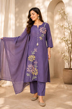 Pure cotton 3d embroidery suit set in purple