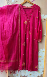 Pretty Mul chanderi with handwork suit set in Rani pink