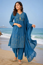 Pure cotton embroidered suit set in blue