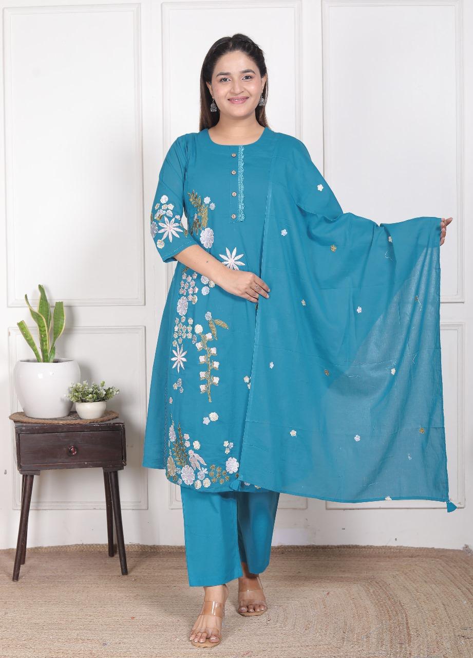 Premium cotton embroidered full suit set in blue