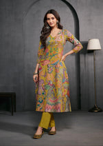 Linen cotton kurta pant in yellow in pichwai
