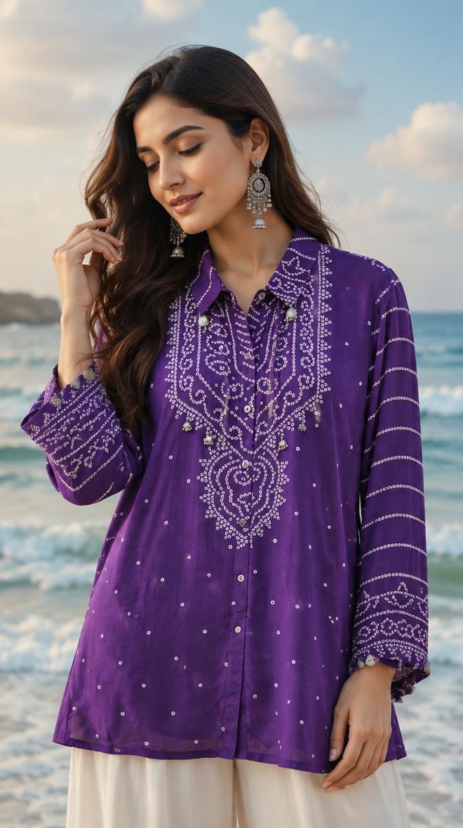Crepe silk bandhani shirt in purple