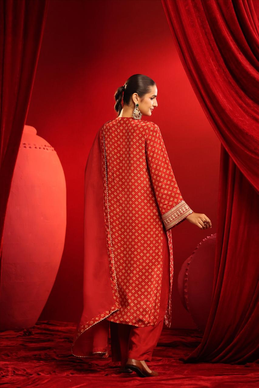 Premium crepe full suit set in red with zari detailing