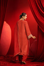 Premium crepe full suit set in red with zari detailing