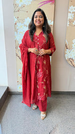Fully embroidered pure Mul cotton suit set in red