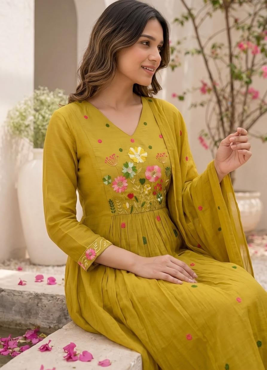 Pretty mulchanderi fully embroidered suit set in yellow
