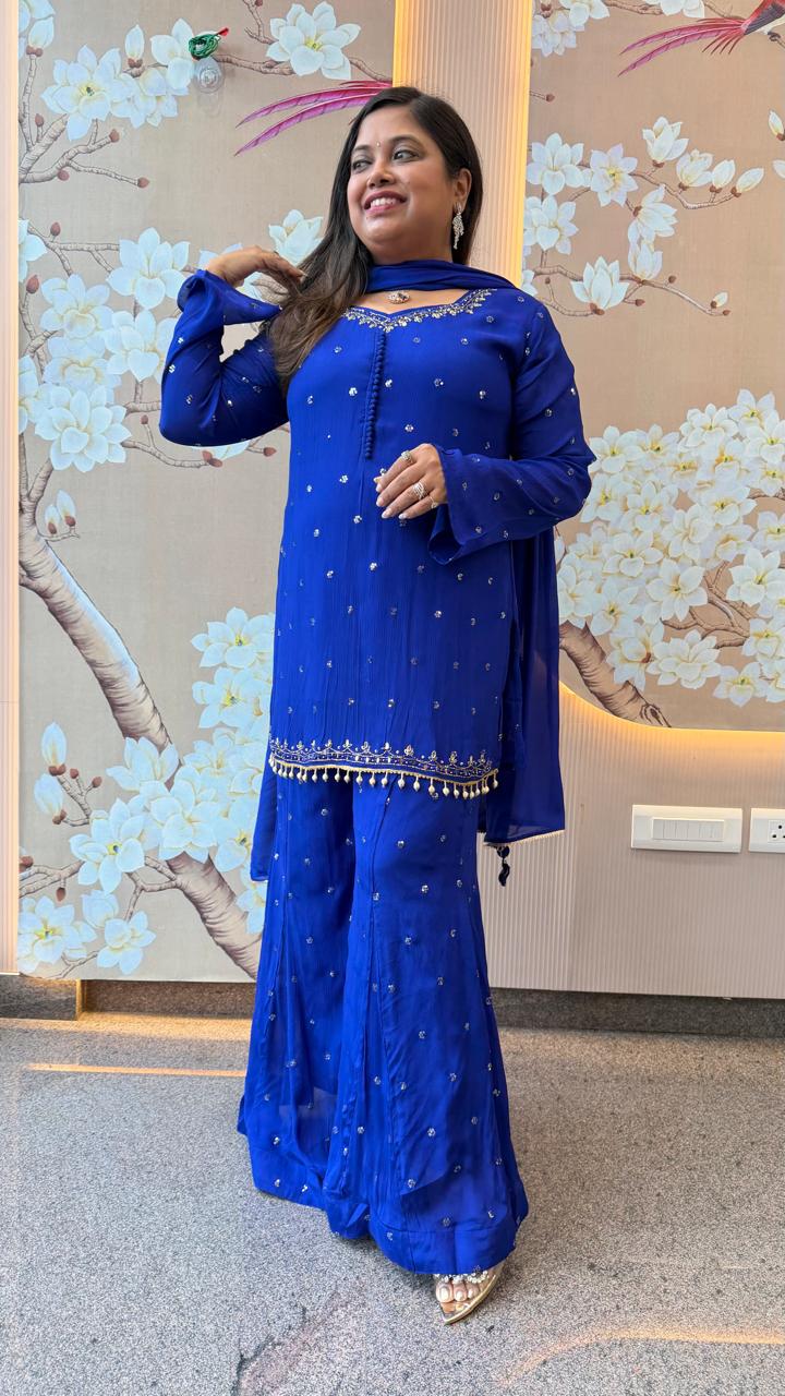 Premium chinon heavy handwork sequins and mirror work full suit in royal blue