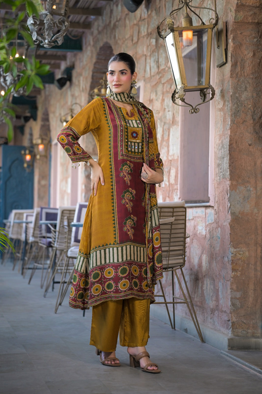 Designer pure crepe farshi salwar suit set in yellow n green