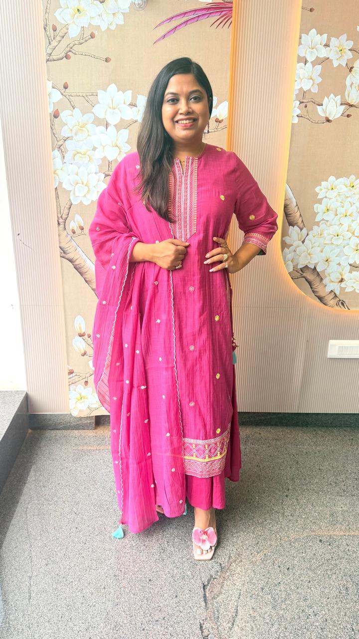 Pure Banarasi handcrafted mulchanderi layered gown with dupatta in Rani pink
