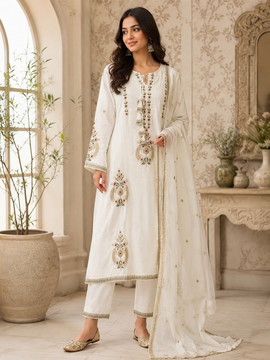Super rich and premium zari embroidered Mul lining suit set