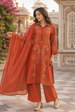 Pure cotton embroidered suit set in orange