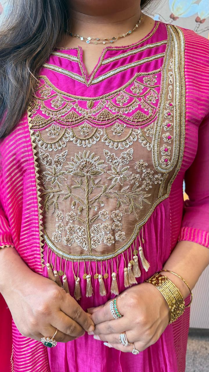Pure Banarasi Mul chanderi in rani pink with super gorgeous handwork suit set