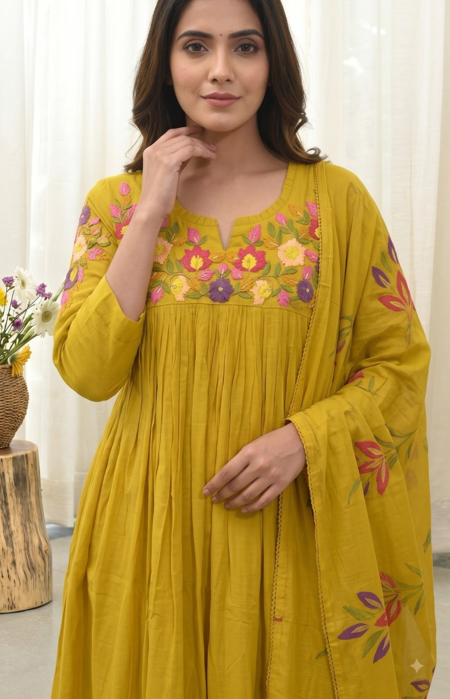 Mul chanderi with lining fully embroidered in yellow