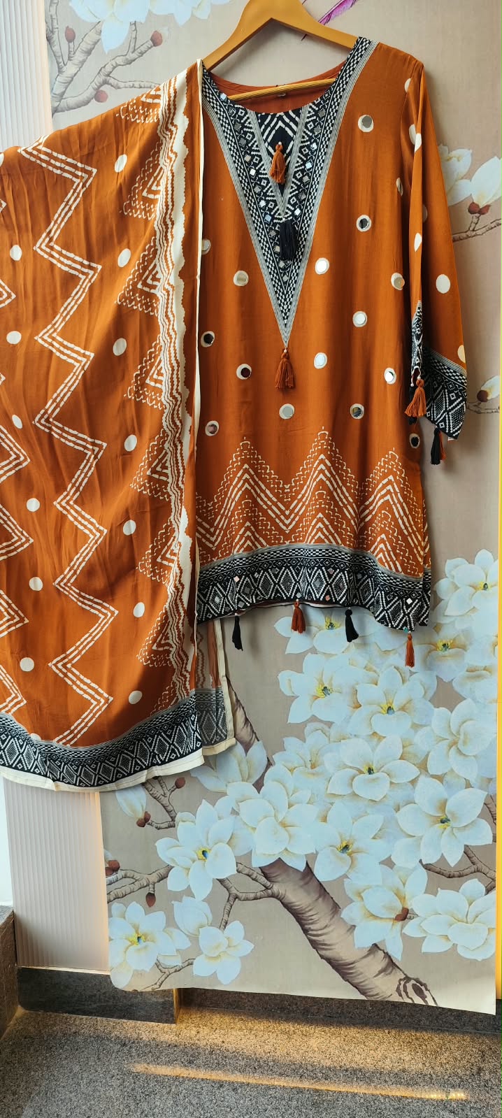 Pure Mul silk real mirror farshi salwar suit set in rust