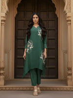 Green viscose silk with zari detailing co ord in green