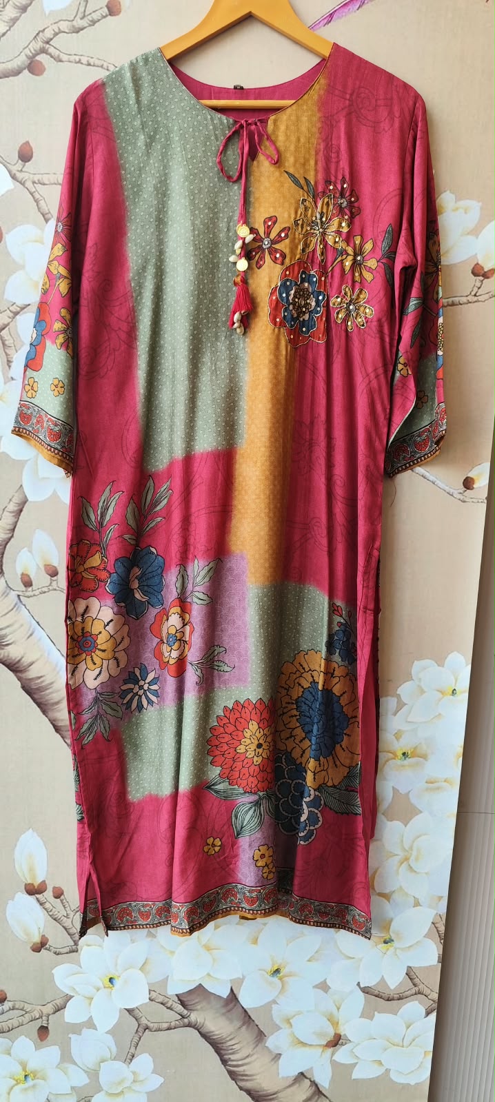 Mul silk digital printed full suit set in pink Full suit