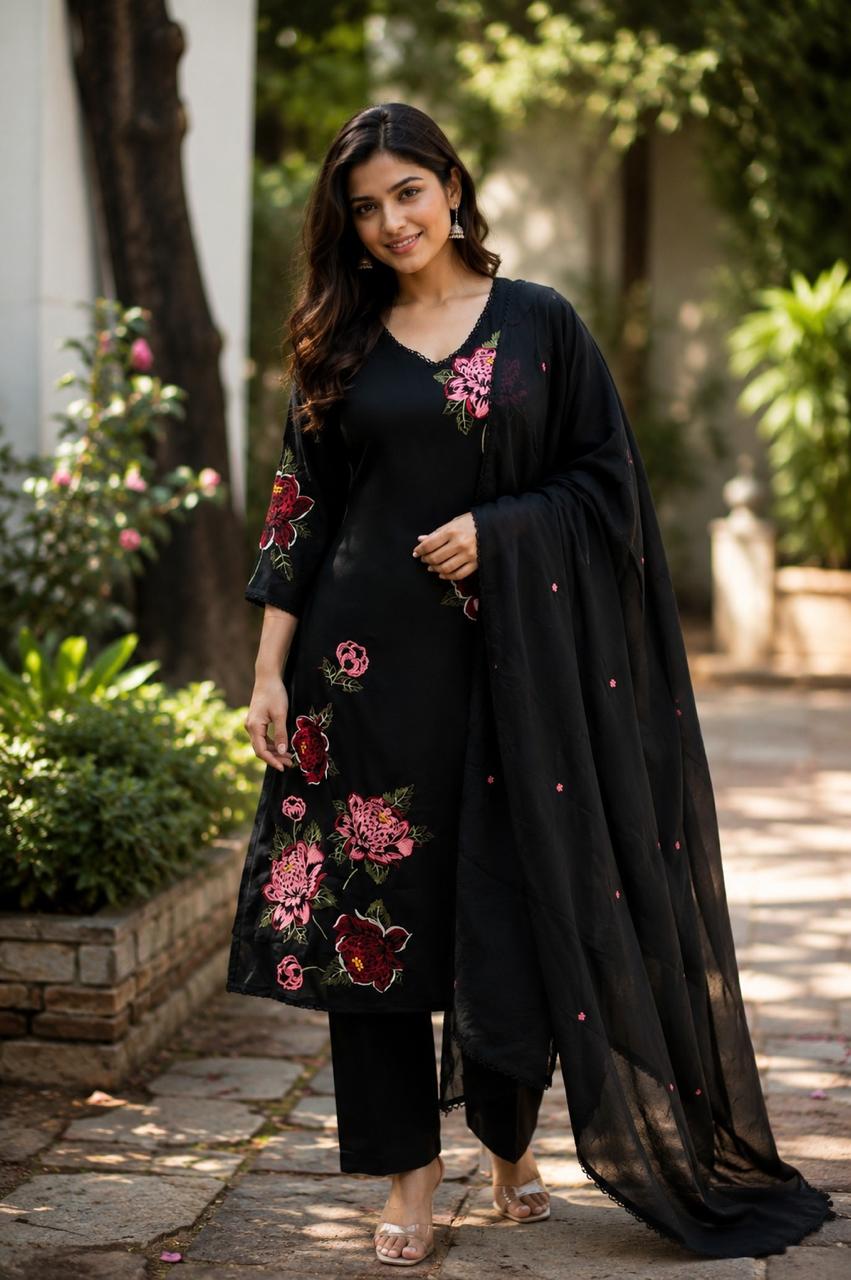 Bestselling pure Mul cotton embroidered suit set in black
