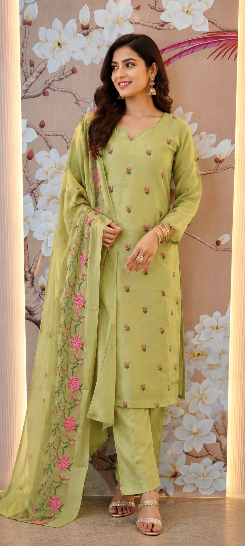 Pretty Mul chanderi with lining fully embroidered in green