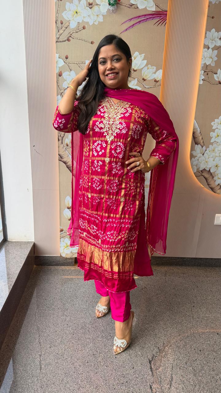 Premium Rani pink ghatchola bandhani lakri patta suit set