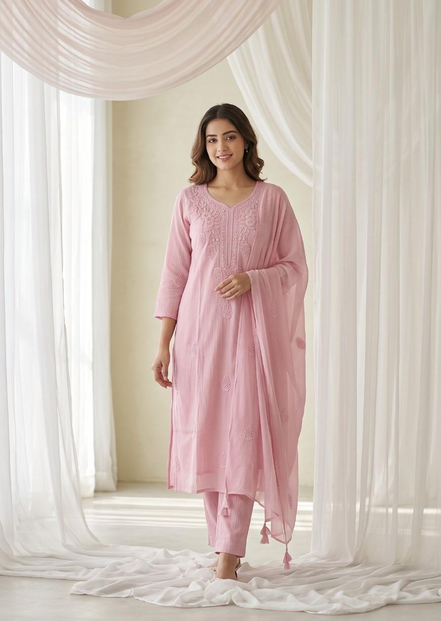 Super pretty crush cotton chikankari in baby pink