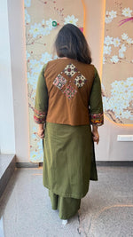 Premium Dabbu cotton fully embroidered detachable jacket in green n brown (slim fit)
