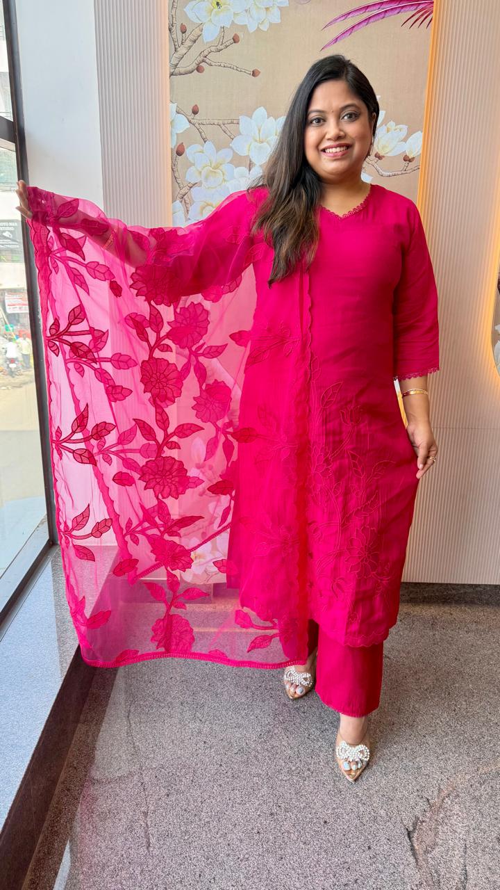 Super pretty pink Mul chanderi cutwork suit set