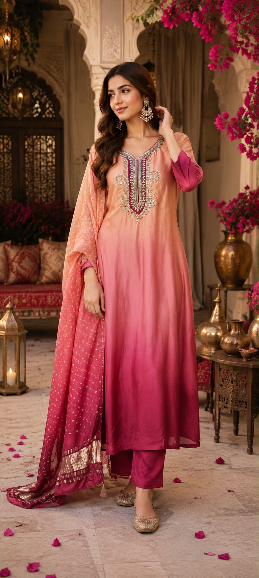 Gorgeous Russian silk gotta handwork on yoke ombré suit set paired with gaji lakri patta dupatta