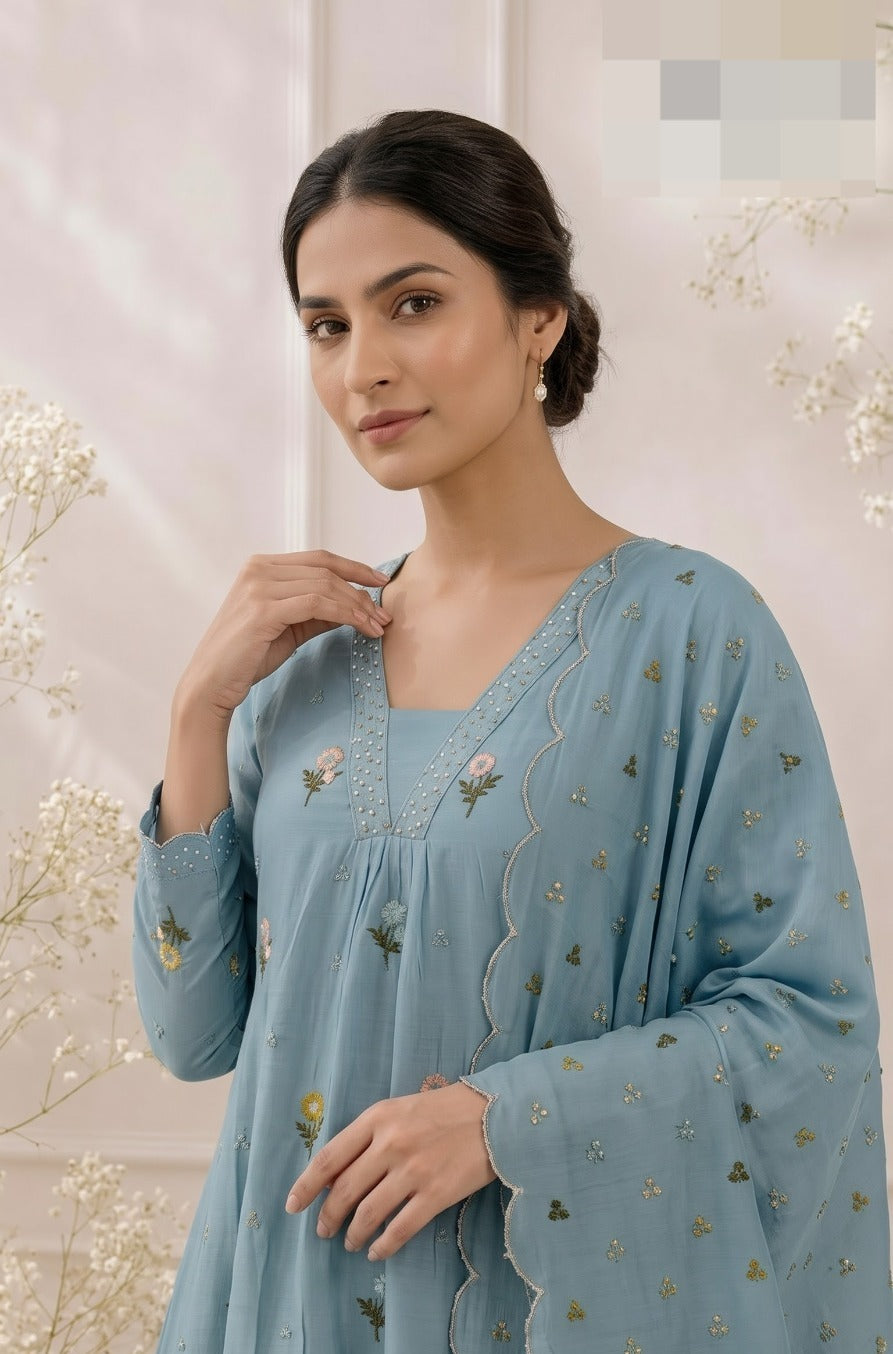 Mul chanderi with lining fully embroidered in blue