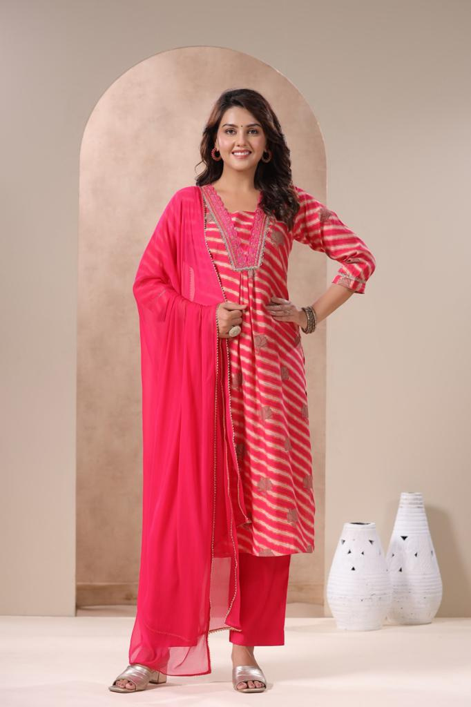 Trendy V Neck Suit in Pure Muslin with Shiffon Dupatta in Lehariya