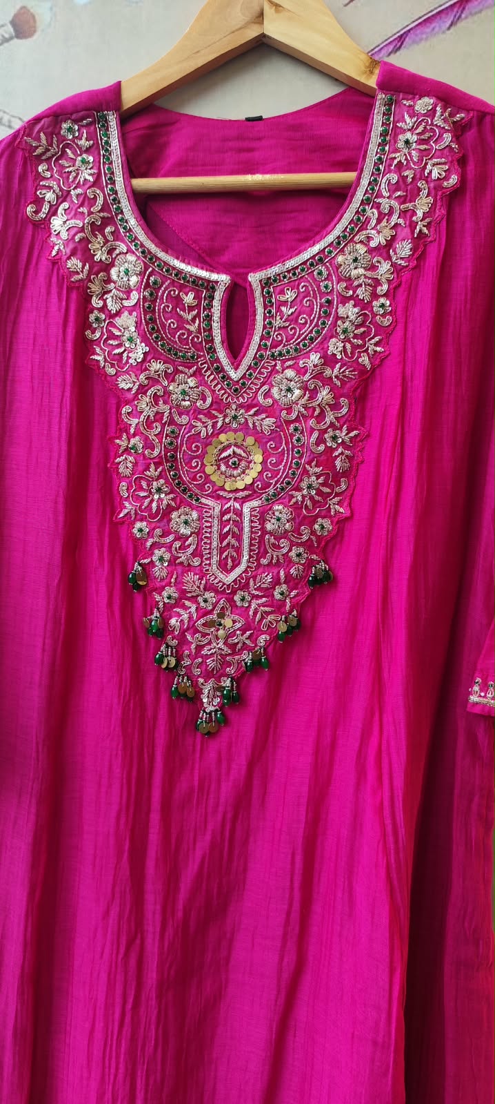 Premium Mul chanderi hand embroidery in Rani pink
