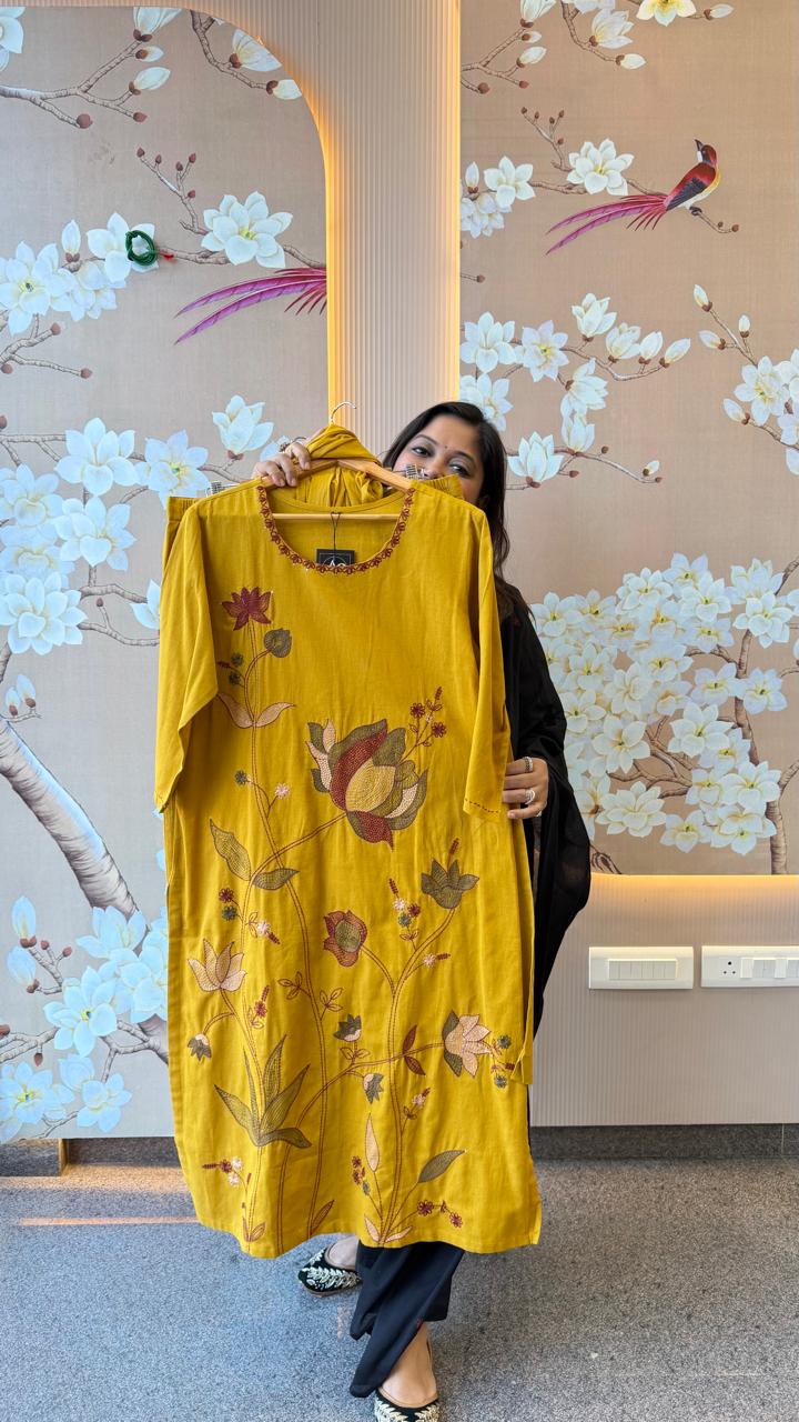 Pure cotton fully embroidered suit set in yellow