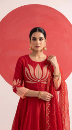 Premium chinon designer zardosi handwork Anarkali suit set in red n pink