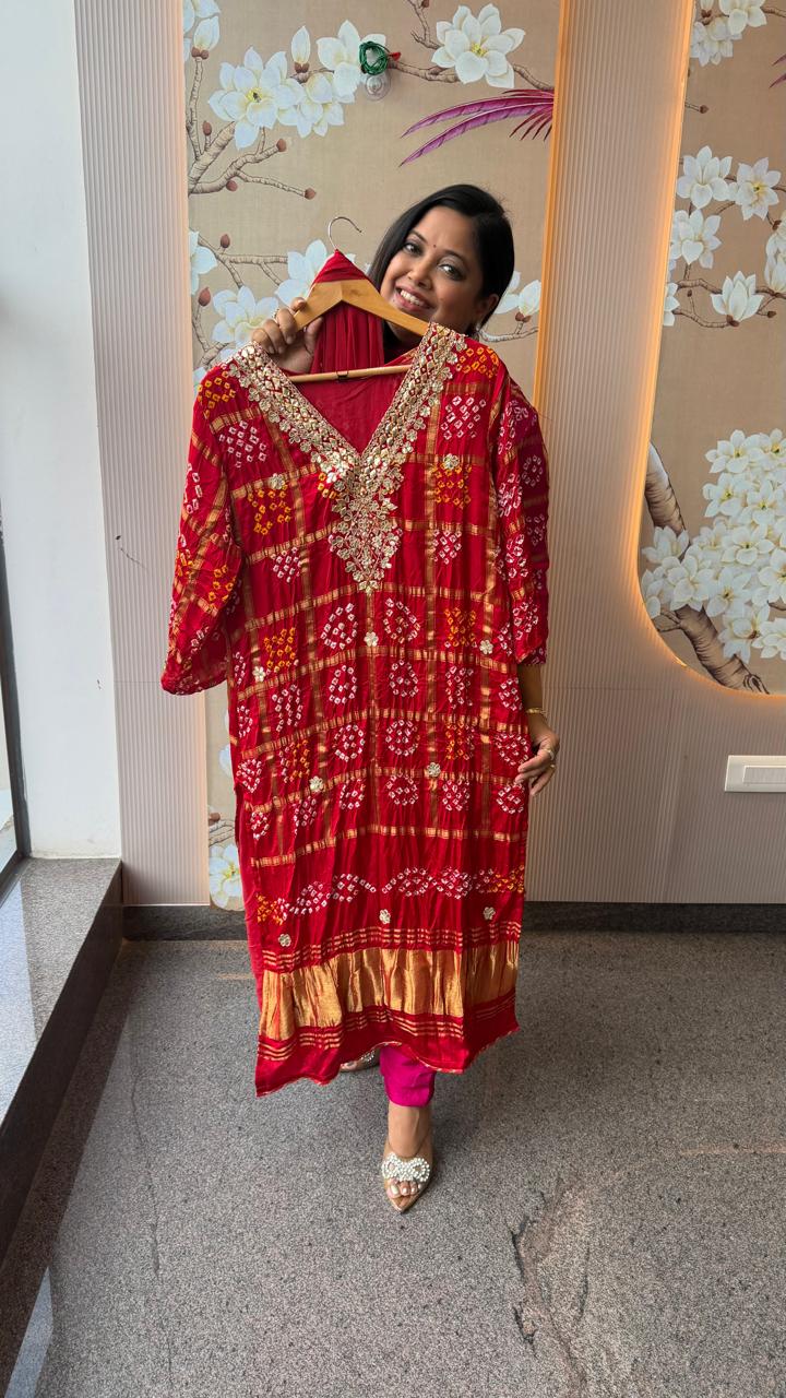 Premium red ghatchola bandhani lakri patta suit set